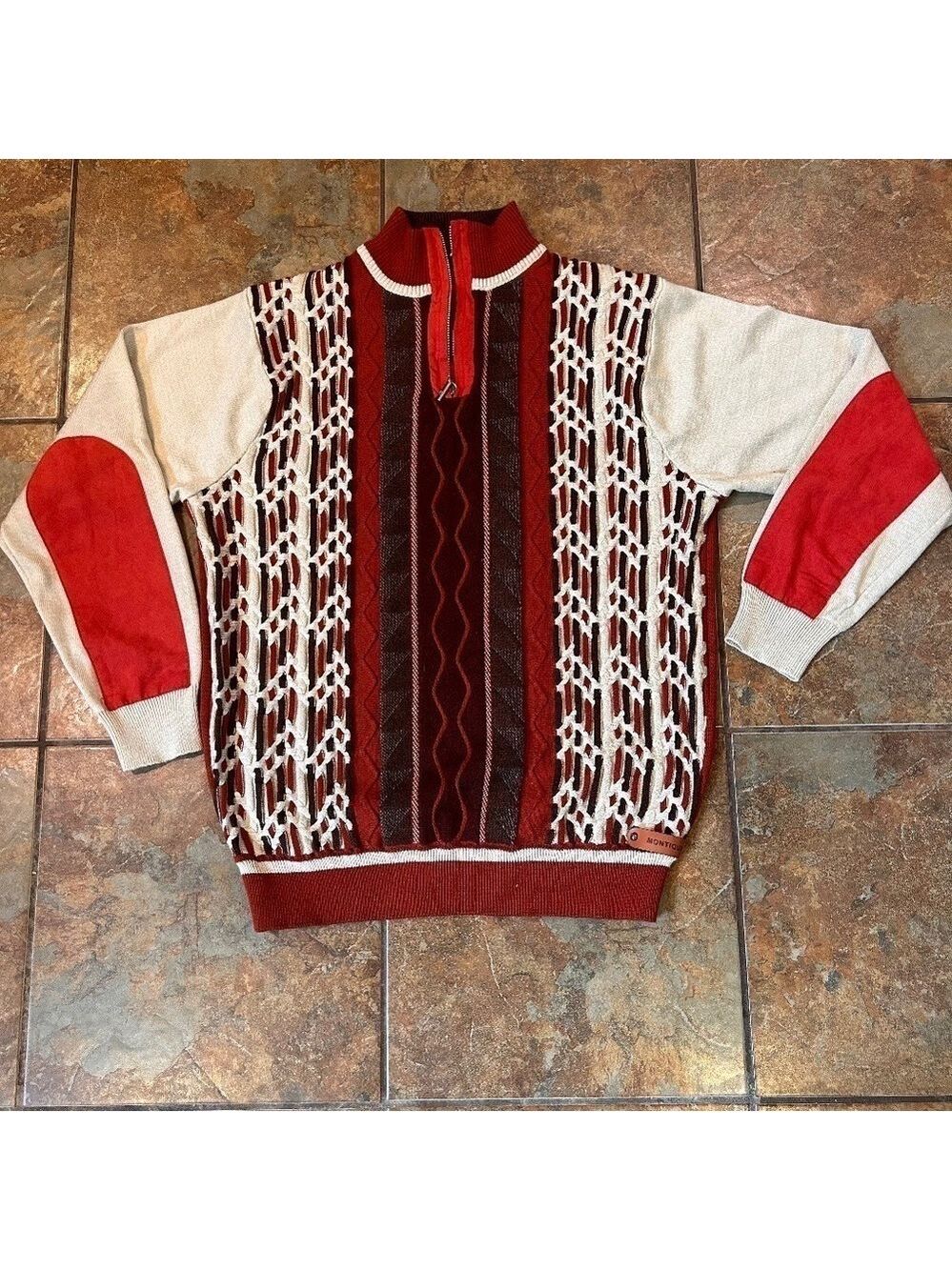 Montique Mens Knit Sweater Sz L Burgundy Brown Half Zip Nice Condition No Flaws